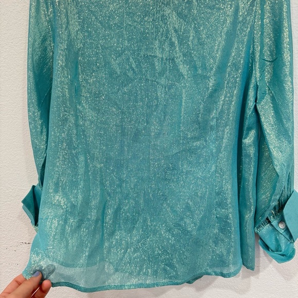Gretchen Scott Long Sleeve Button Up Metallic Florescent Blue Shirt Size Small - Picture 3 of 5